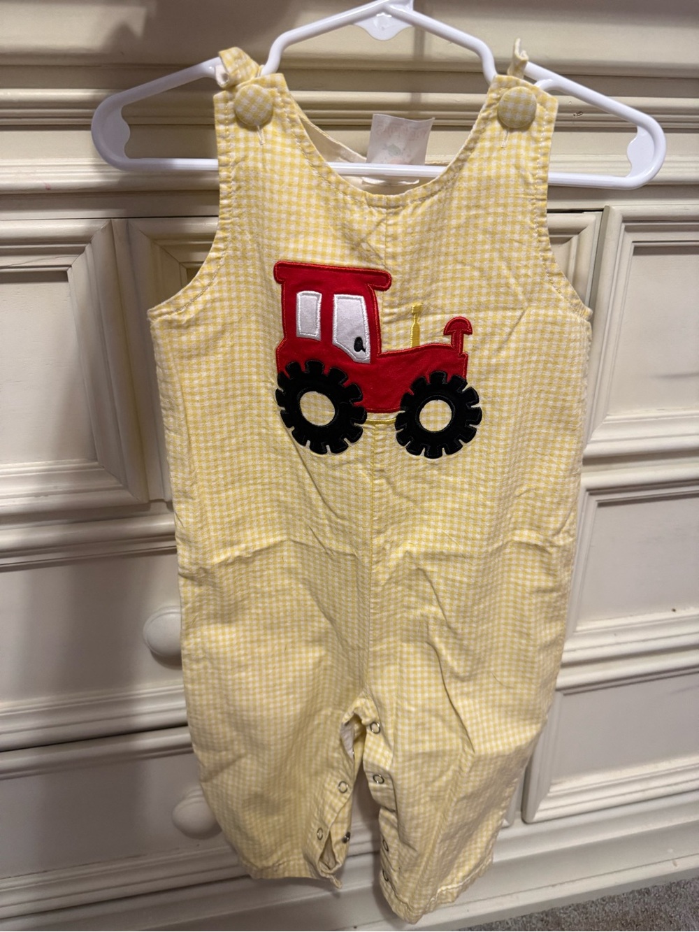 Yellow Gingham Kids One-Piece with Red Tractor Applique
